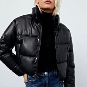 Zara Cropped Faux Leather Puffer Jacket (Size - XS) WORN ONCE
